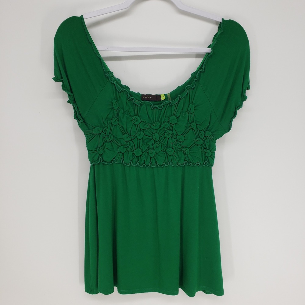 Y2K Smocked Bodice Babydoll Top Womens M Green Cap Sleeve Scoop Neck Ruffle Trim